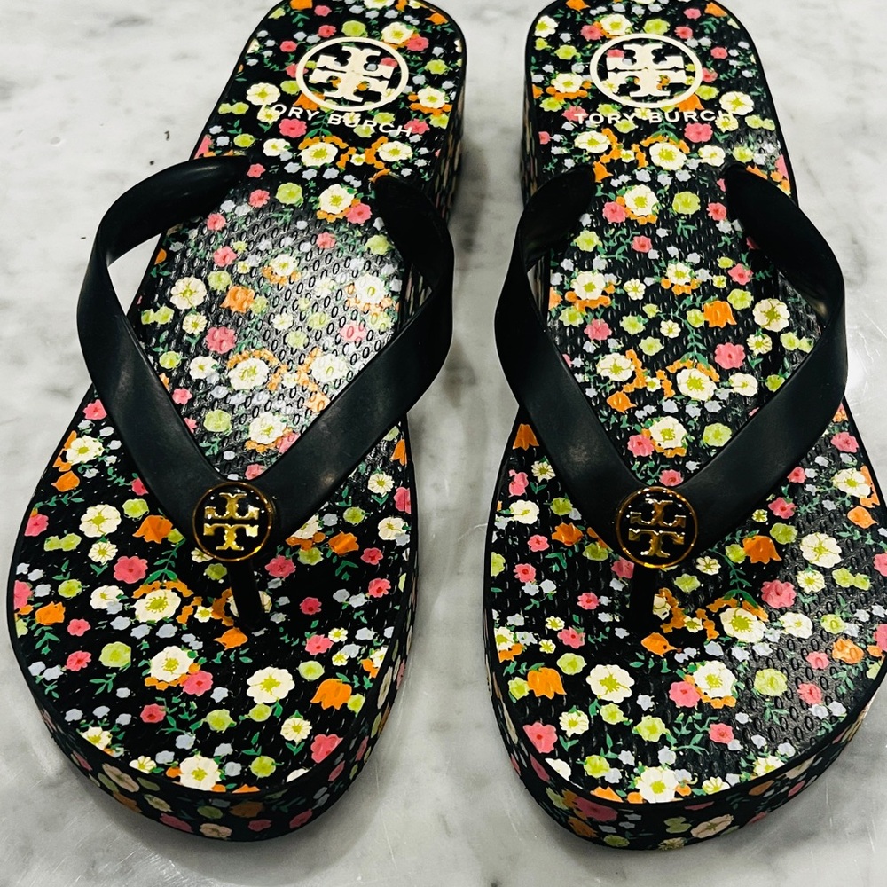 Tory Burch Black Floral Sandals